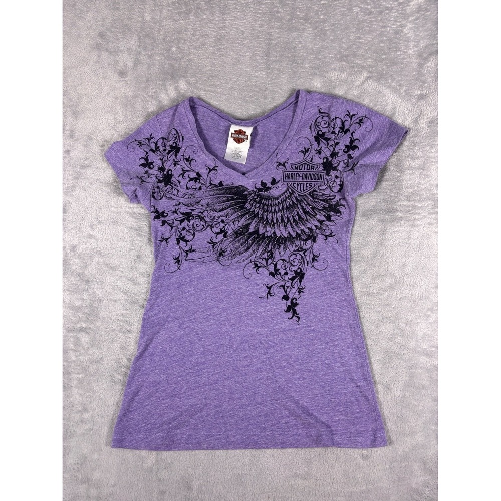 Harley-Davidson T Shirt Womens S Purple Heather Wing Rhinestone San Diego V-Neck